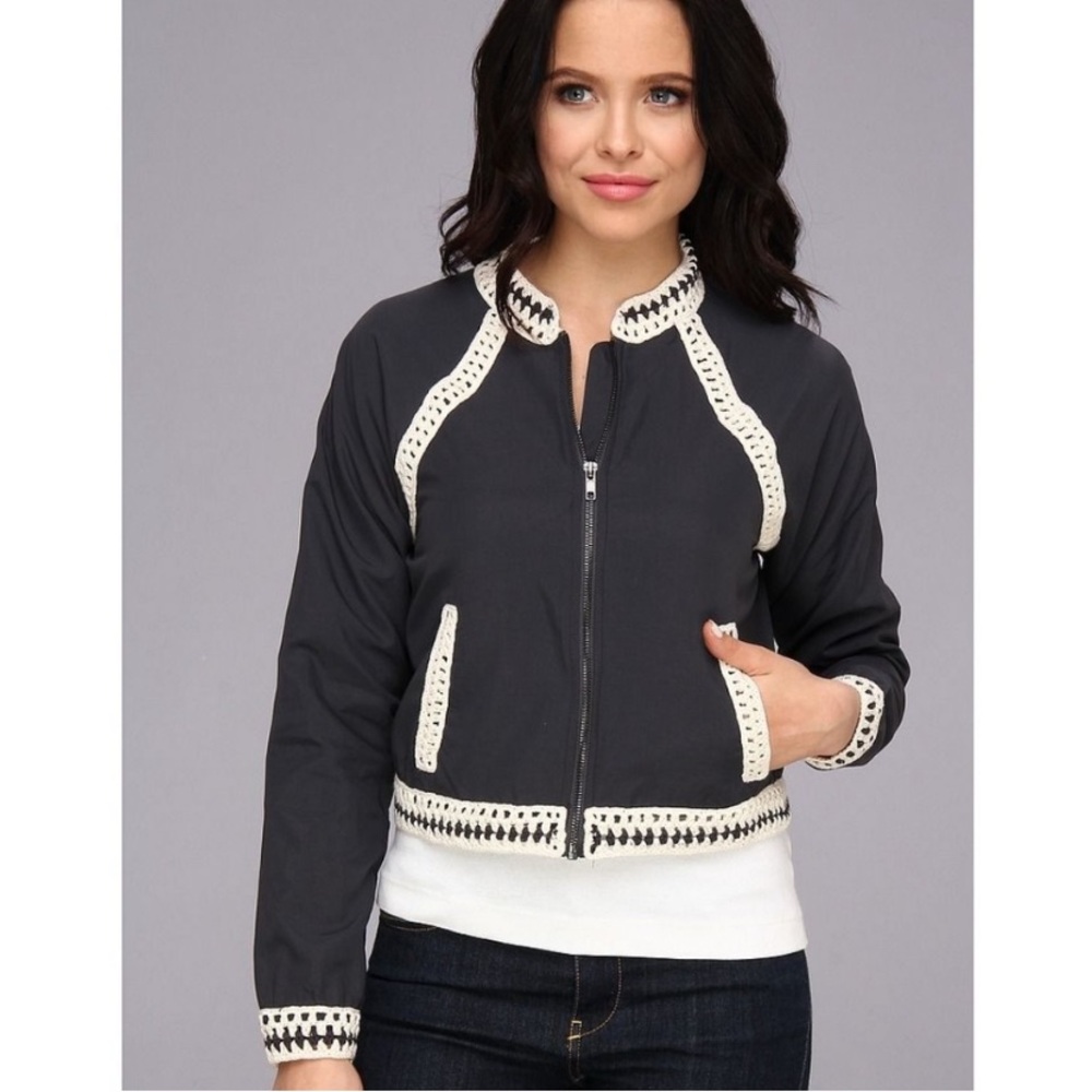 Free People Crochet Trim Baseball Bomber Jacket Black, L Boho Indie Minimalist